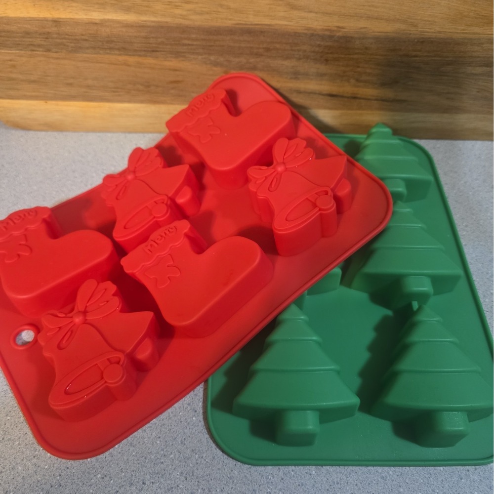 Meijer Christmas Candy Silicone Mold 6.8" x 10" Bells Stockings Trees, Set Of 2